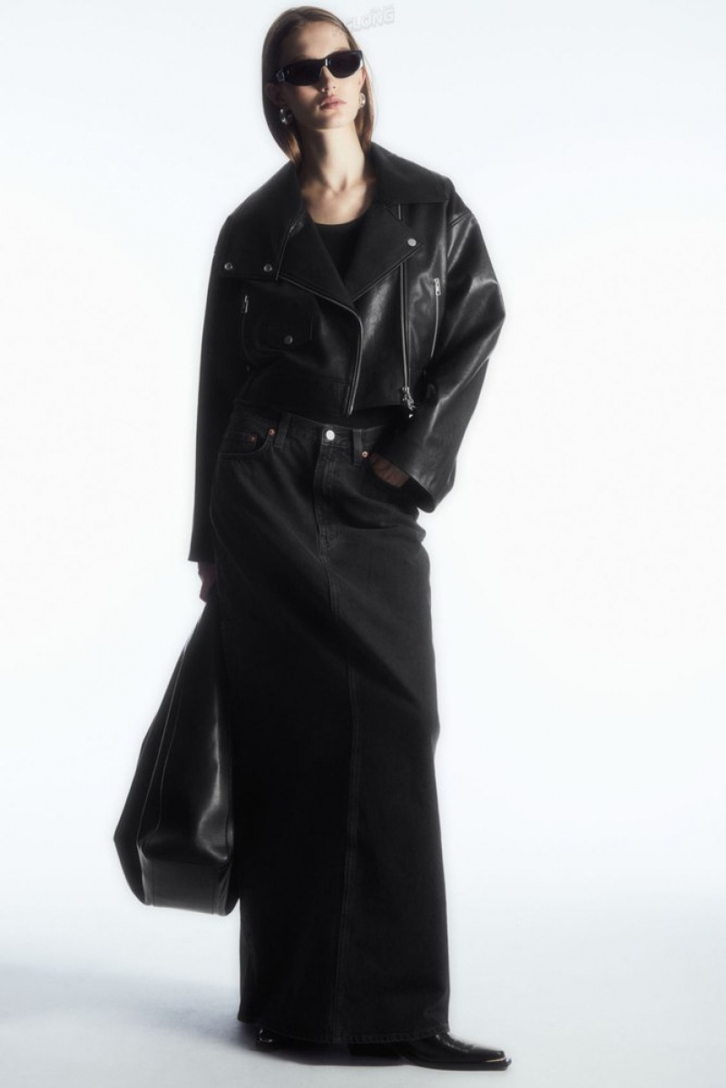 COS Oversized Cropped Leather Biker Jacket Women's Coats & Jackets Black | CZ47-T9XT