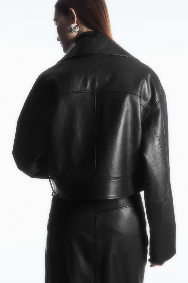 COS Oversized Cropped Leather Biker Jacket Women's Coats & Jackets Black | CZ47-T9XT