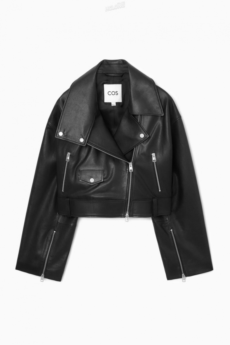 COS Oversized Cropped Leather Biker Jacket Women's Coats & Jackets Black | CZ47-T9XT