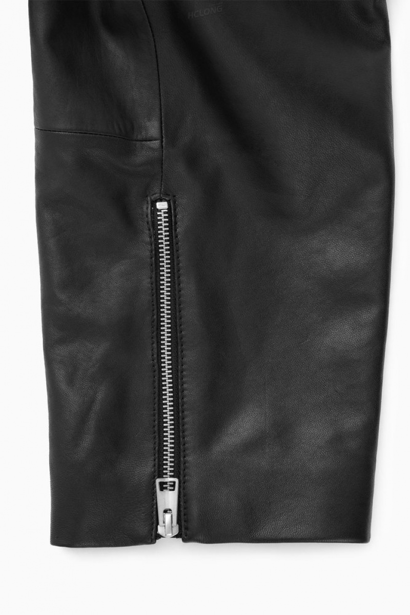 COS Oversized Cropped Leather Biker Jacket Women's Coats & Jackets Black | CZ47-T9XT