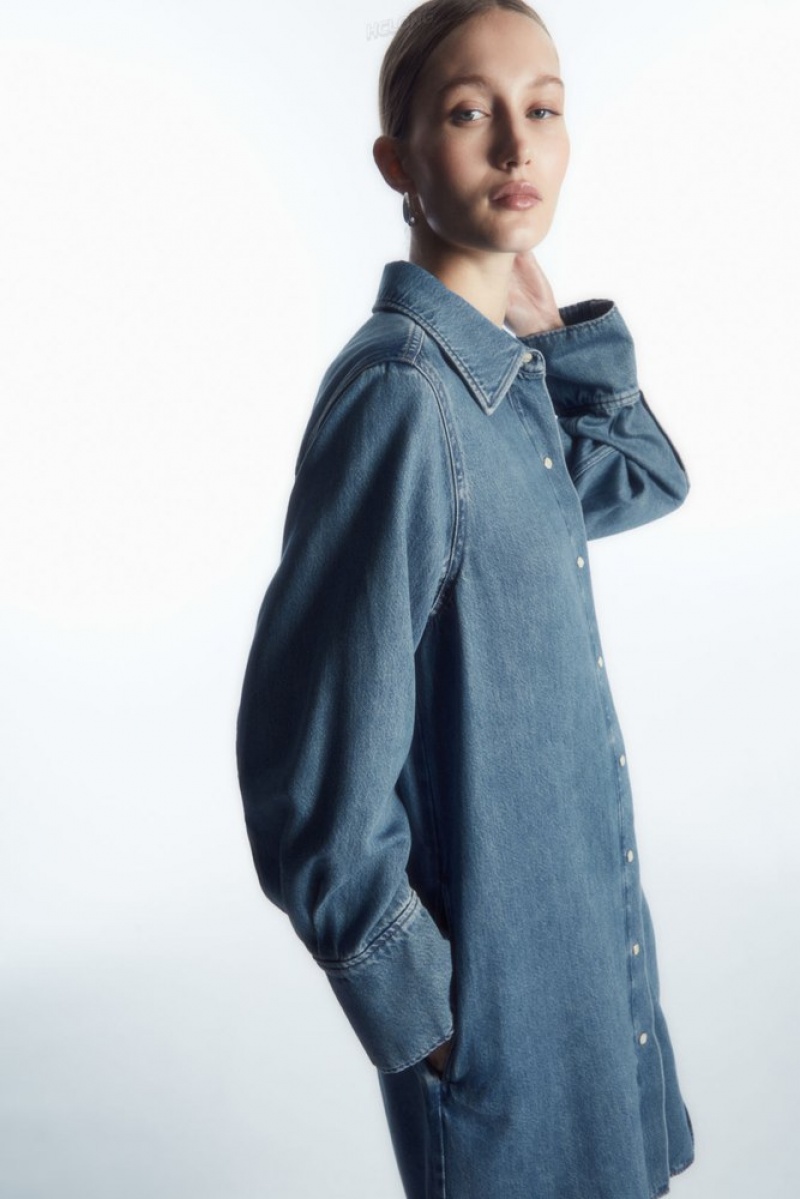 COS Oversized Denim Mini Shirt Dress Women's Dresses Blue | EV62-Z4QD