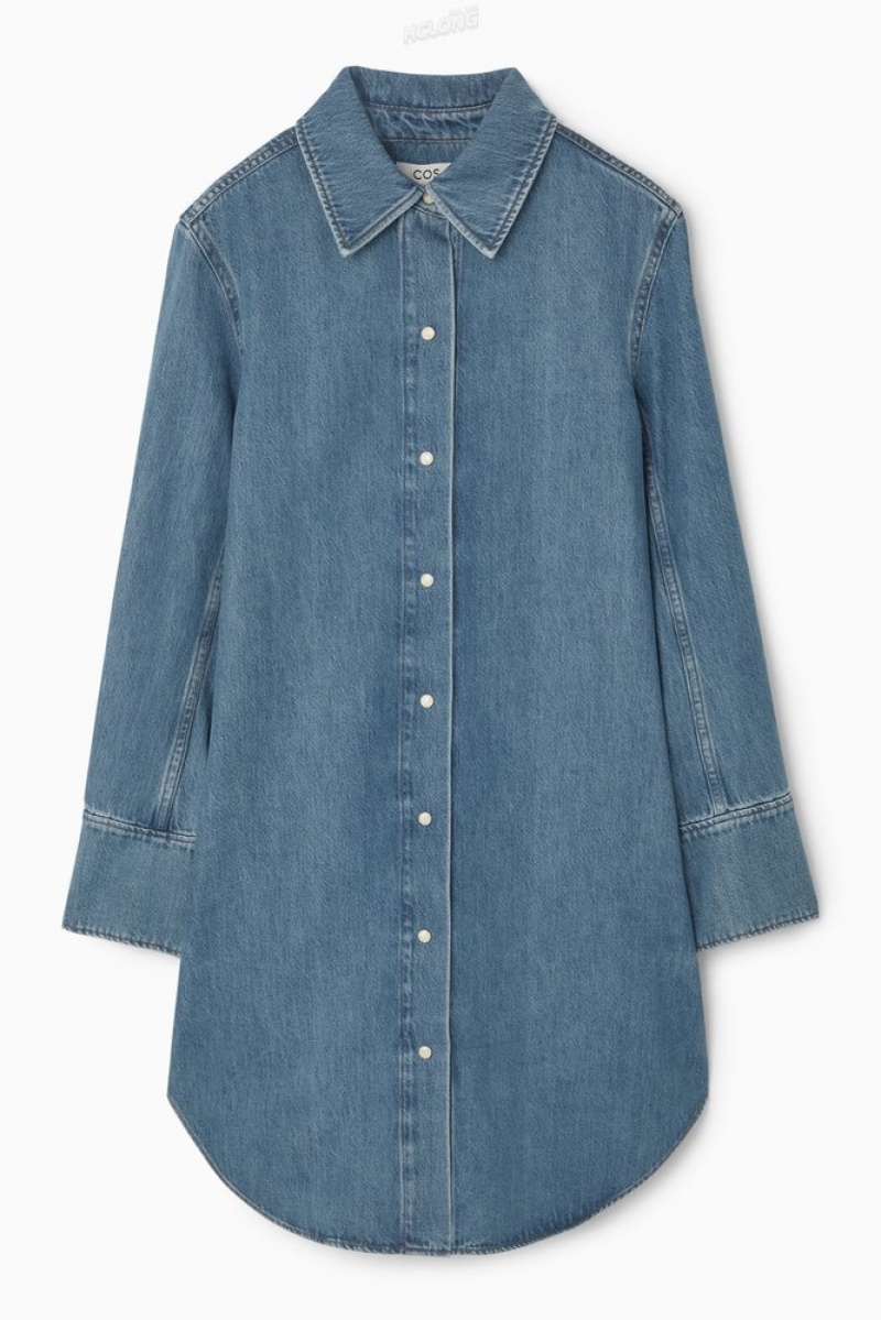 COS Oversized Denim Mini Shirt Dress Women's Dresses Blue | EV62-Z4QD