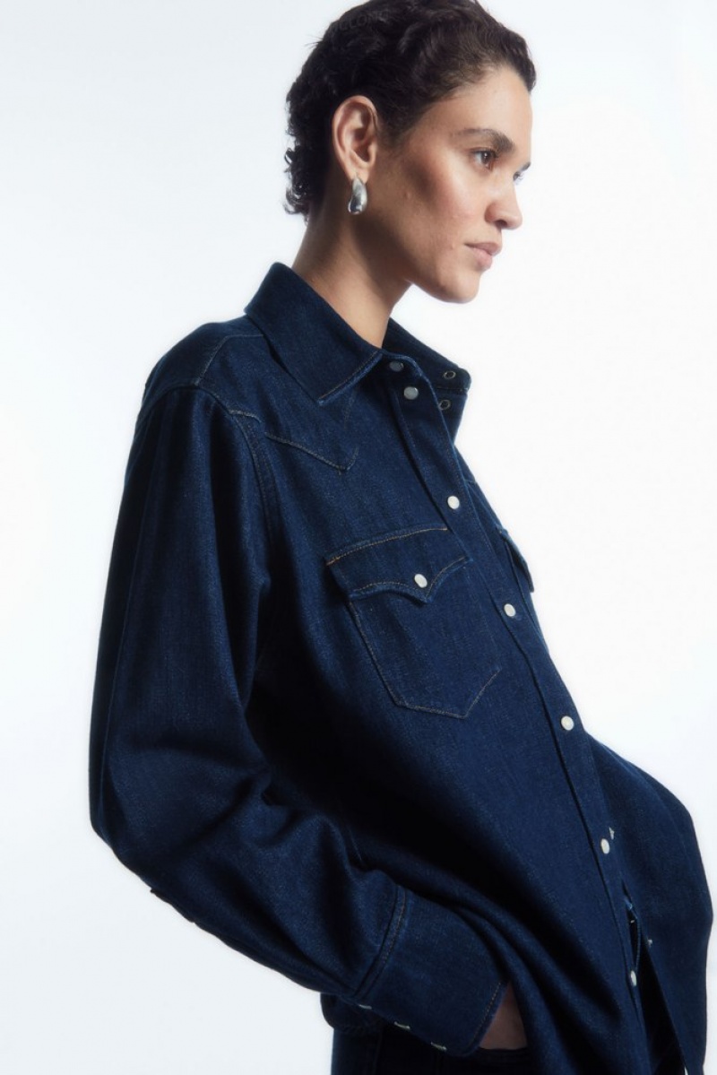 COS Oversized Denim Western Shirt Women's Shirts & Blouses Dark Blue | KQ46-F5WK