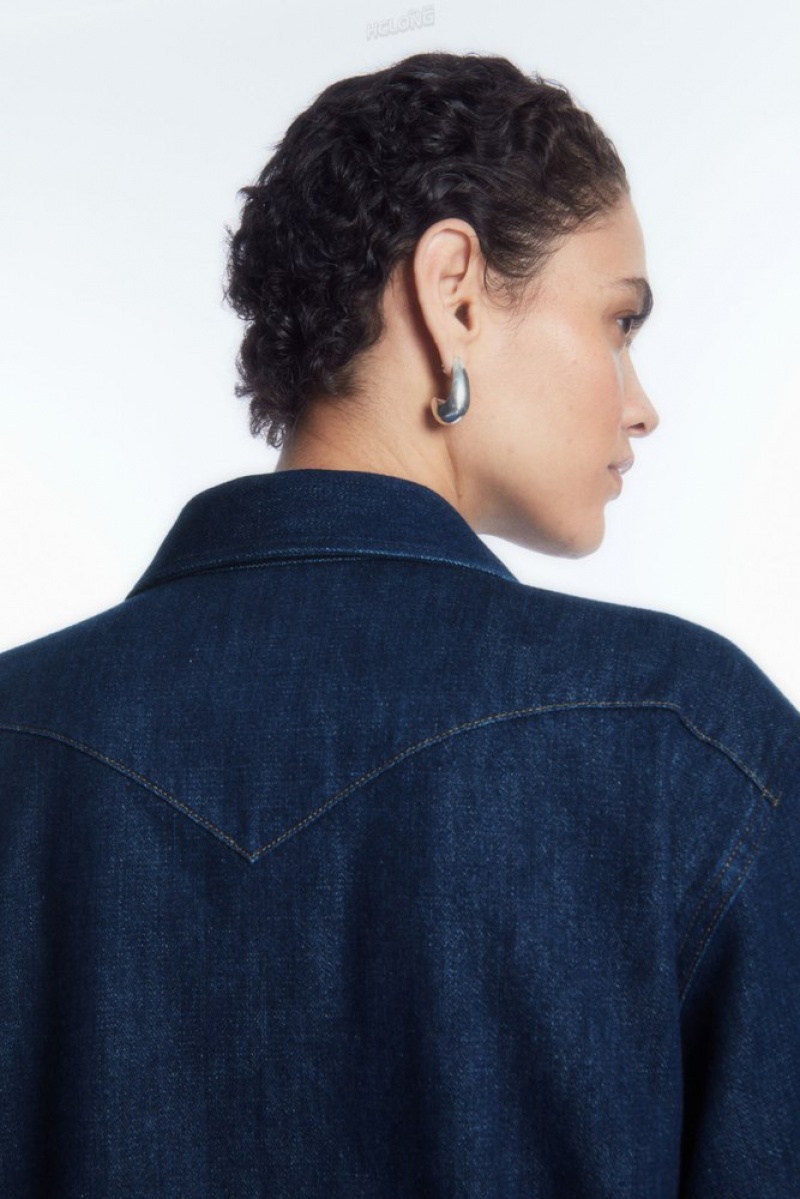 COS Oversized Denim Western Shirt Women's Shirts & Blouses Dark Blue | KQ46-F5WK