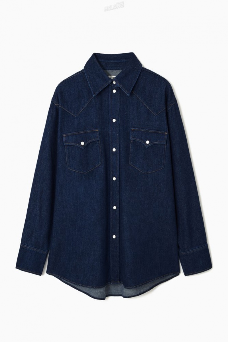 COS Oversized Denim Western Shirt Women's Shirts & Blouses Dark Blue | KQ46-F5WK