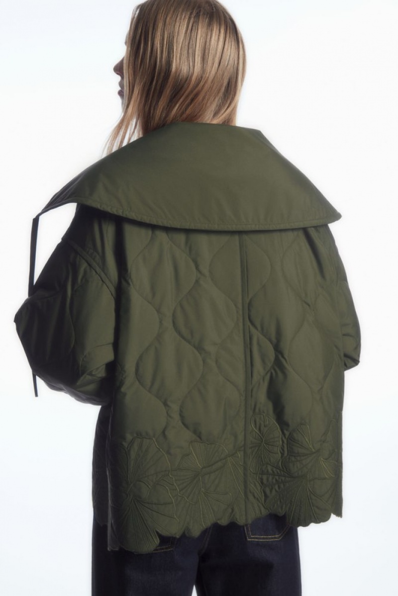 COS Oversized Embroidered Quilted Jacket Women's Coats & Jackets Khaki | VJ93-L0SB