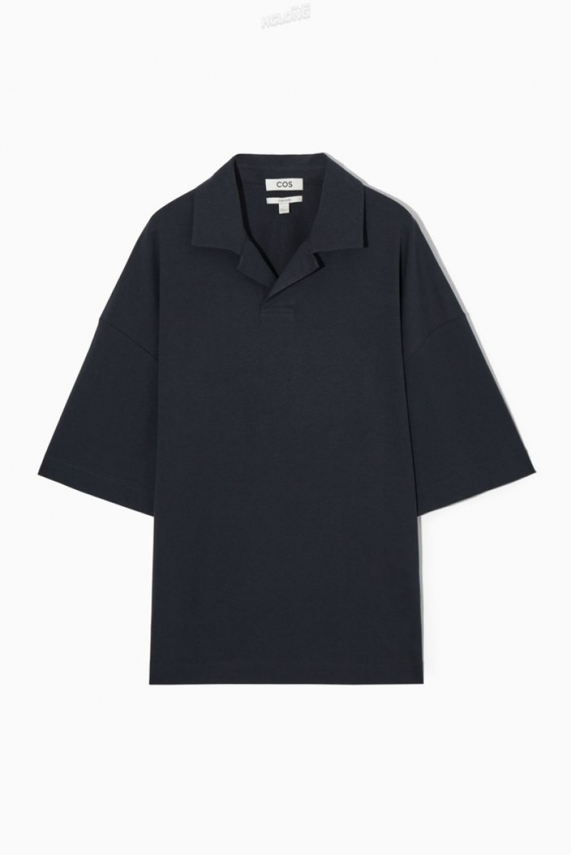 COS Oversized Open-Collar Polo-Shirt Men's T-shirts Navy | SX34-P1WR