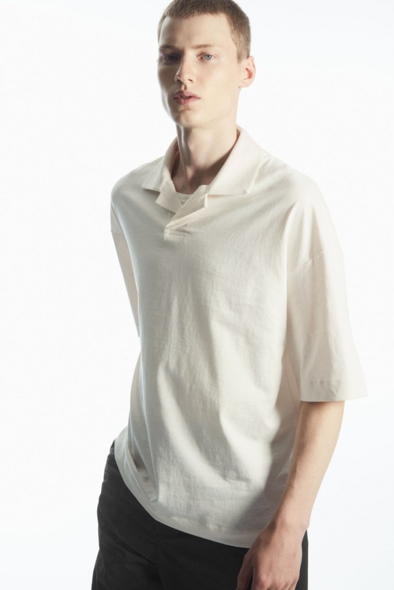 COS Oversized Open-Collar Polo-Shirt Men's T-shirts Off-White | CD41-L8PE