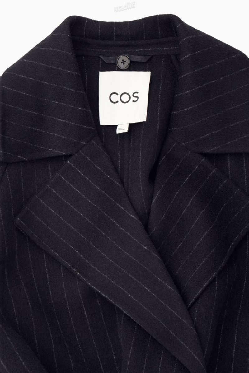 COS Oversized Pinstriped Wool Scarf Coat Women's Coats & Jackets Navy / Pinstriped | YH85-G7PH