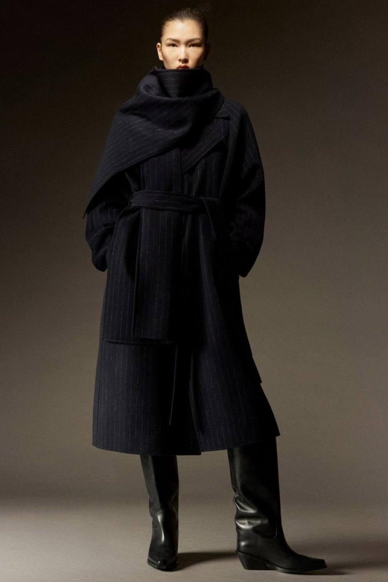 COS Oversized Pinstriped Wool Scarf Coat Women's Coats & Jackets Navy / Pinstriped | YH85-G7PH