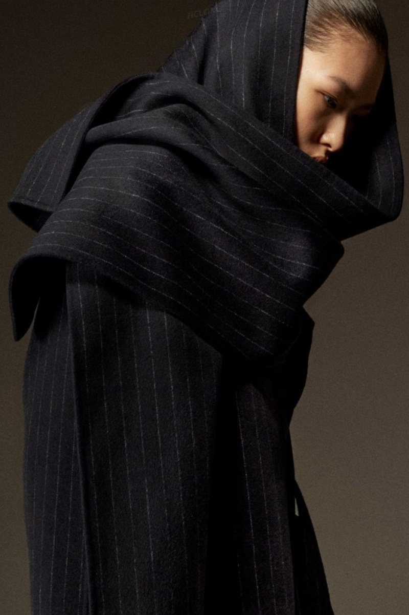 COS Oversized Pinstriped Wool Scarf Coat Women's Coats & Jackets Navy / Pinstriped | YH85-G7PH