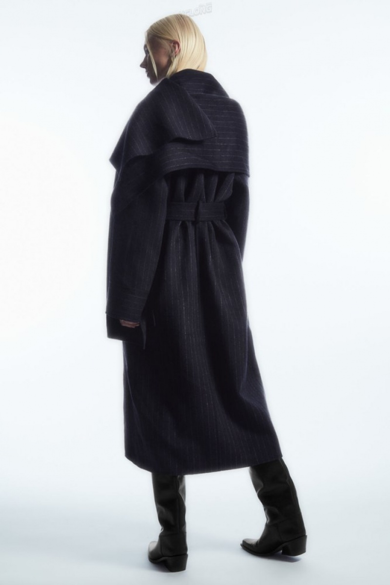 COS Oversized Pinstriped Wool Scarf Coat Women's Coats & Jackets Navy / Pinstriped | YH85-G7PH