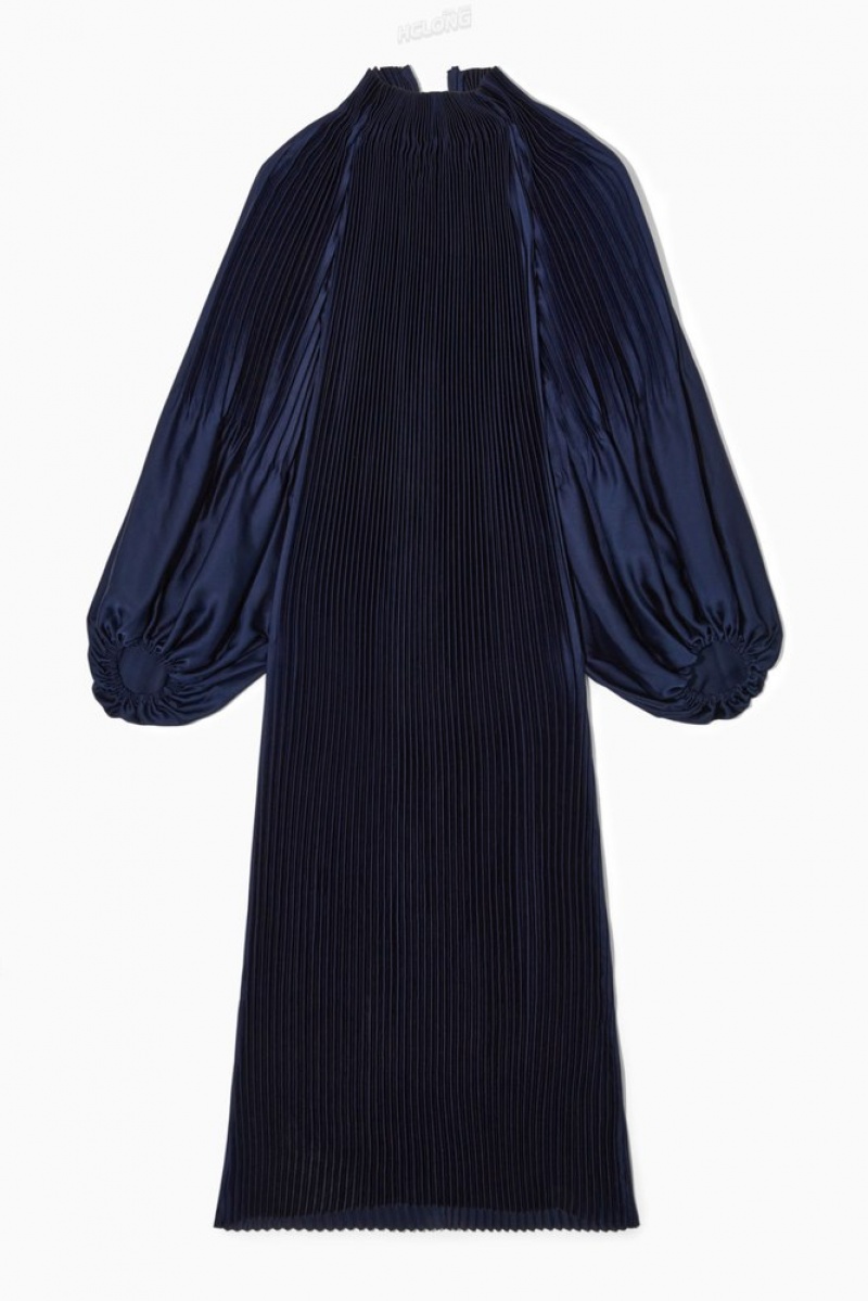 COS Oversized Pleated High-Neck Maxi Dress Women's Dresses Navy | PF25-W2KJ