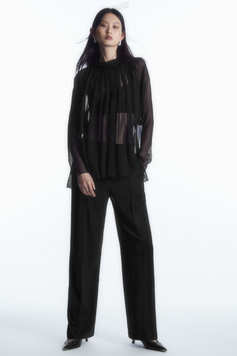 COS Oversized Pleated Sheer Silk Blouse Women's Tops Black | RK46-H0ZG