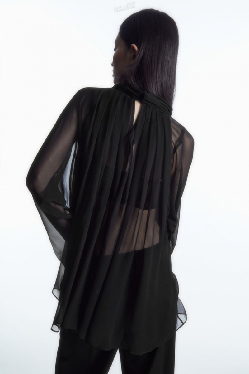 COS Oversized Pleated Sheer Silk Blouse Women's Tops Black | RK46-H0ZG