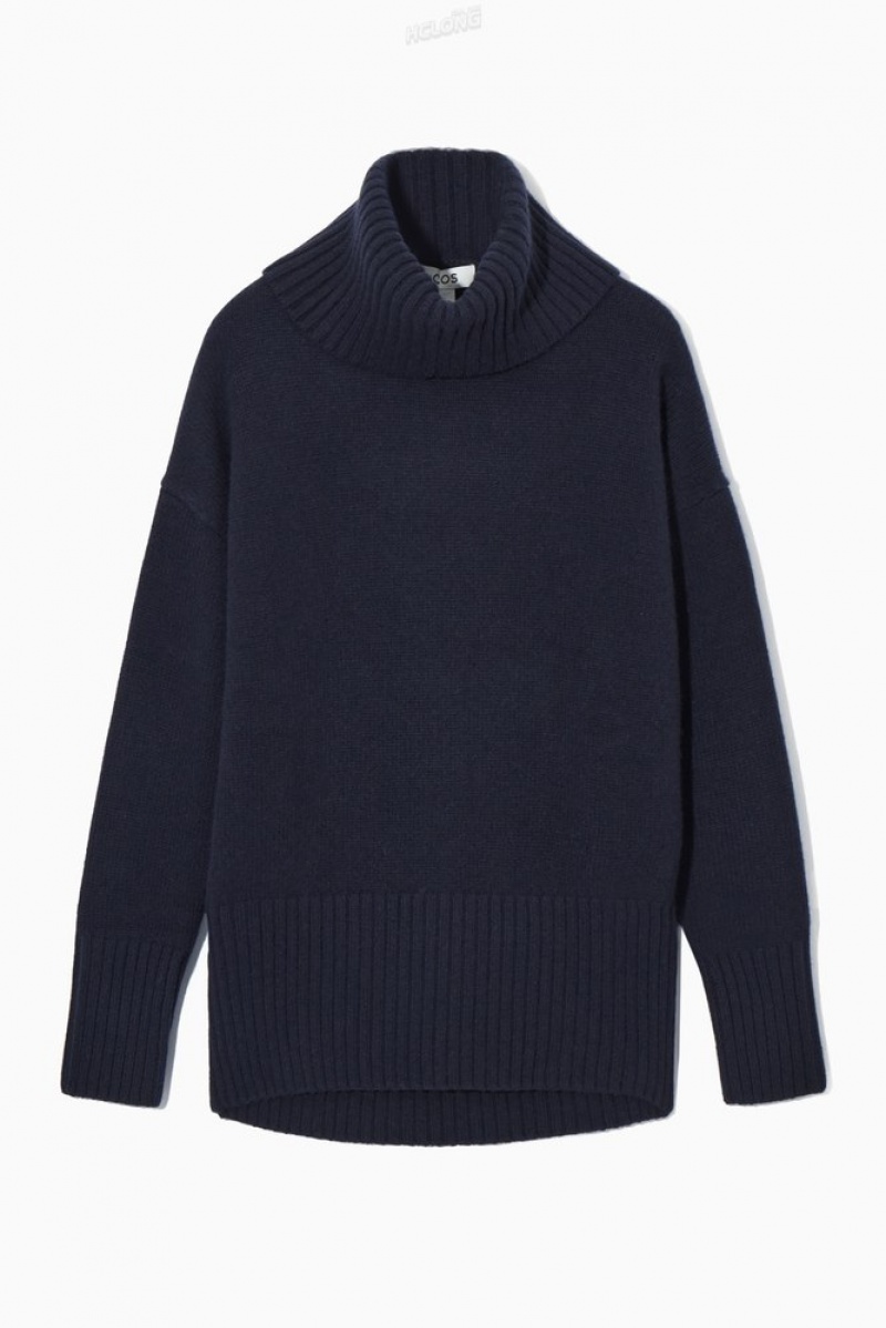 COS Oversized Pure Cashmere Roll-Neck Jumper Women's Sweaters & Cardigans Navy | OM07-I5SM