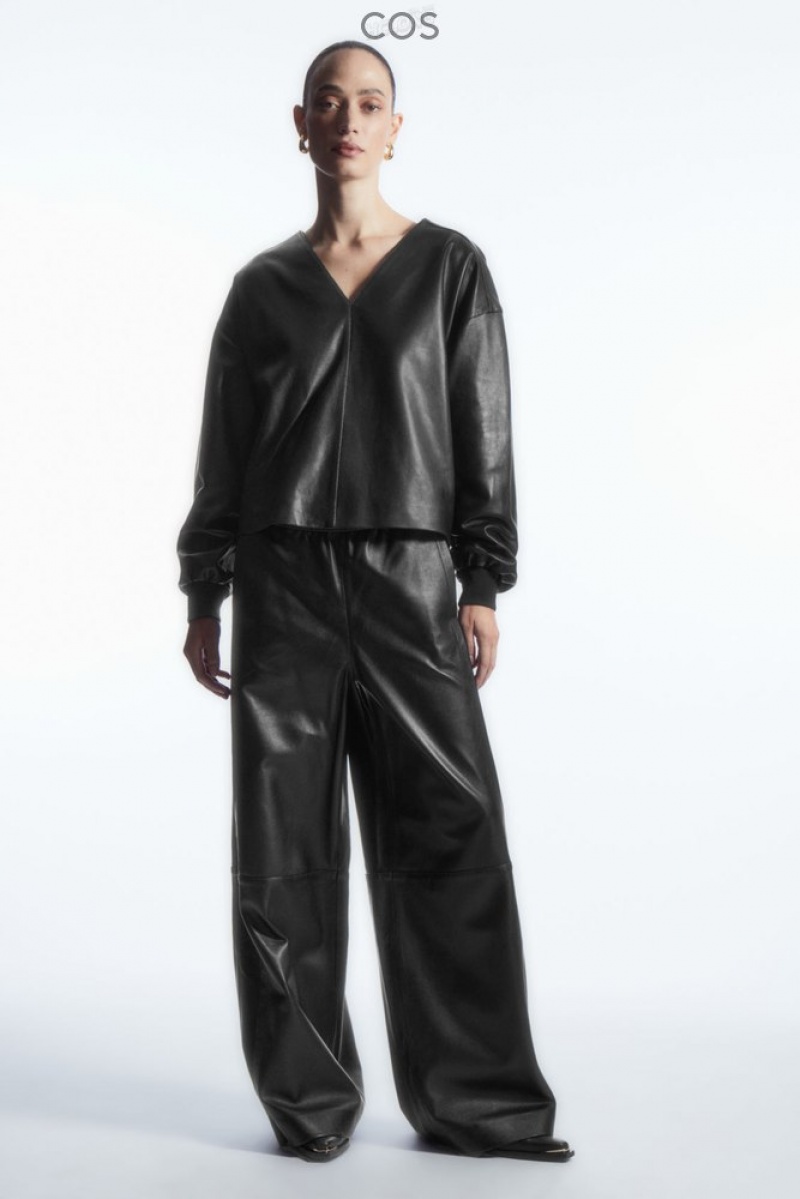 COS Oversized V-Neck Leather Top Women's Tops Black | EC42-R6RN