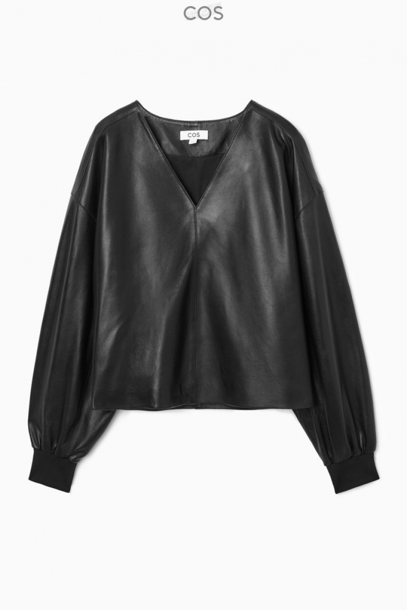 COS Oversized V-Neck Leather Top Women's Tops Black | EC42-R6RN