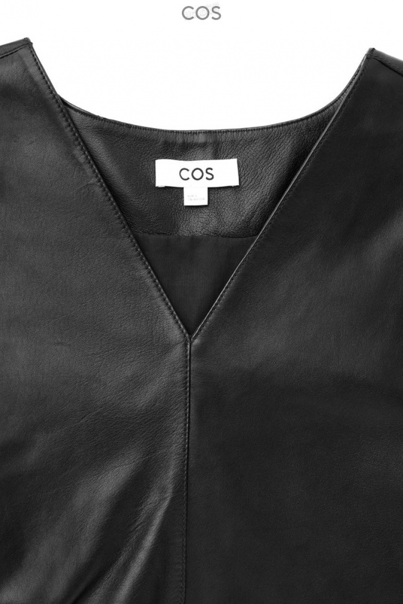 COS Oversized V-Neck Leather Top Women's Tops Black | EC42-R6RN