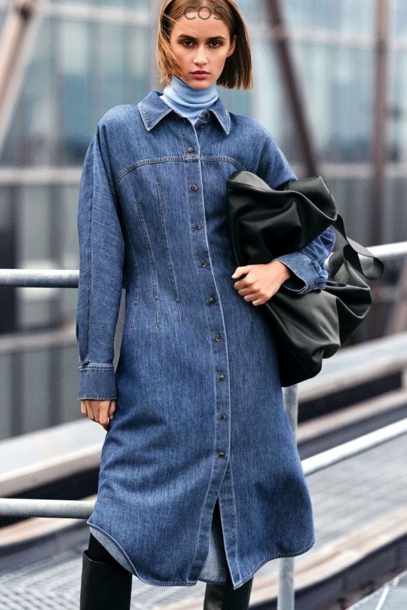 COS Oversized Waisted Denim Shirt Dress Women's Dresses Blue | BN78-C7TZ