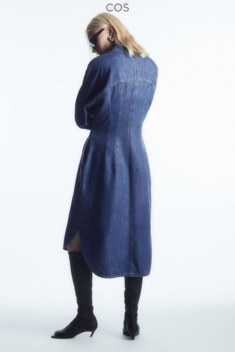 COS Oversized Waisted Denim Shirt Dress Women's Dresses Blue | BN78-C7TZ