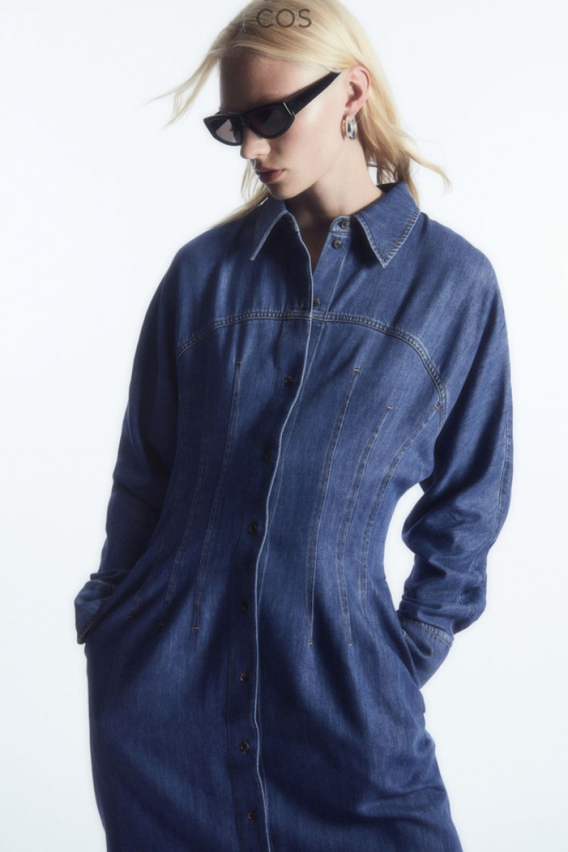 COS Oversized Waisted Denim Shirt Dress Women's Dresses Blue | BN78-C7TZ