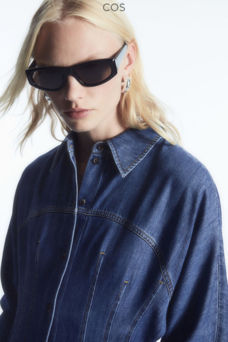 COS Oversized Waisted Denim Shirt Dress Women's Dresses Blue | BN78-C7TZ