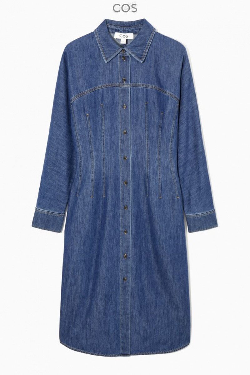 COS Oversized Waisted Denim Shirt Dress Women's Dresses Blue | BN78-C7TZ