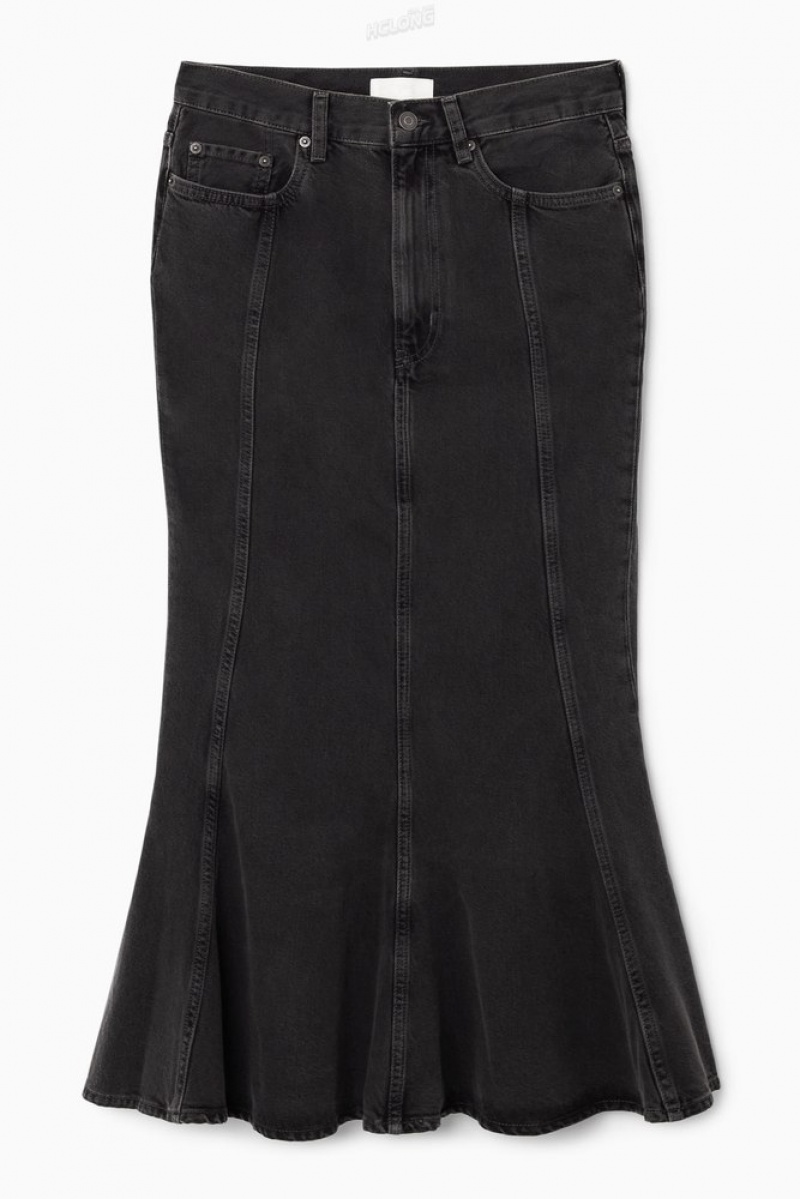 COS Paneled Flared Denim Skirt Women's Skirts Black | BN82-X9SP