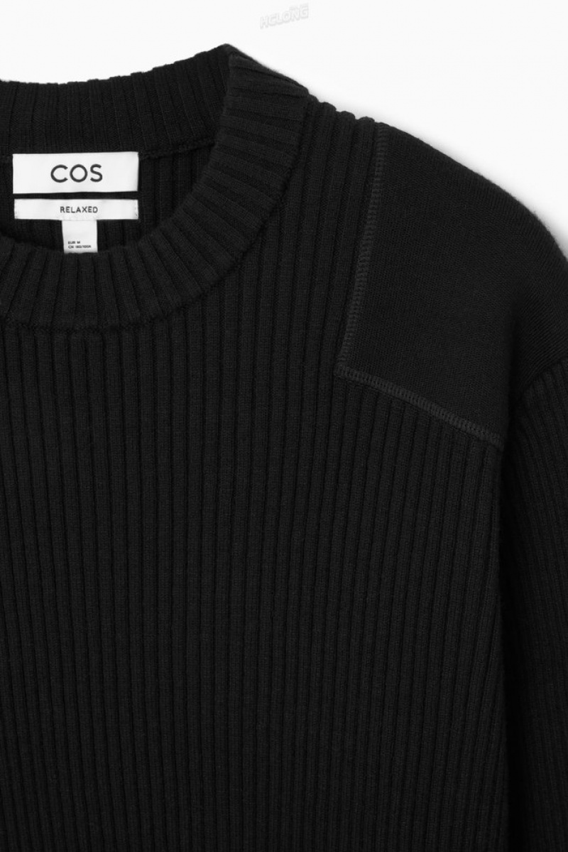 COS Patch-Detail Wool-Blend Sweater Men's Sweaters & Cardigans Black | WT13-M8ZU