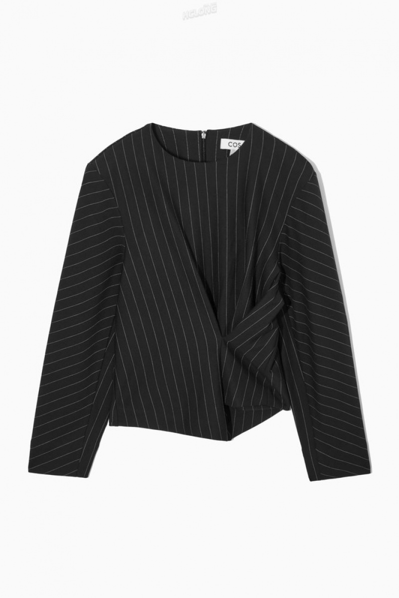 COS Pinstriped Draped Top Women's Tops Black / Pinstriped | BW93-O9LF