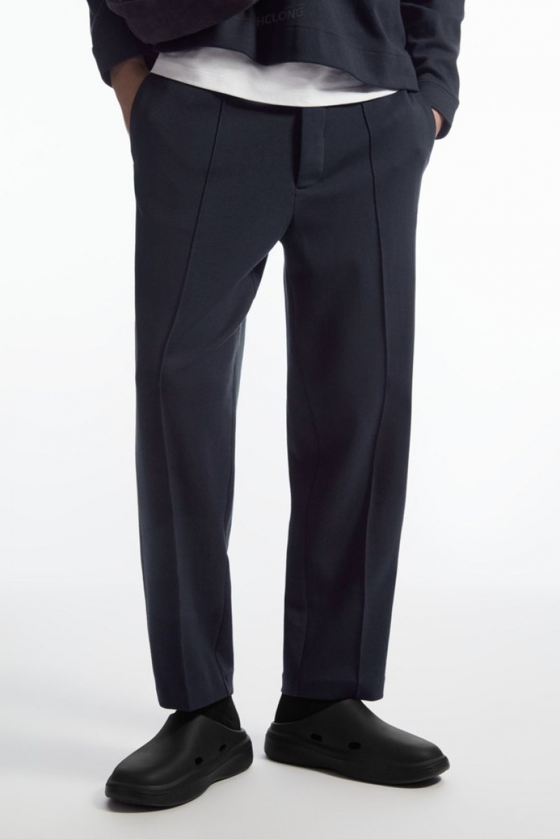 COS Pintucked Pull-On Jersey Pants Men's Pants Navy | MH37-D5PR