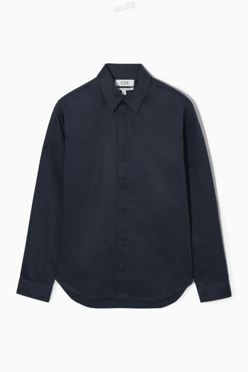 COS Pleated-Placket Dress Shirt - Regular Men's Shirts Navy | OB80-H1NW