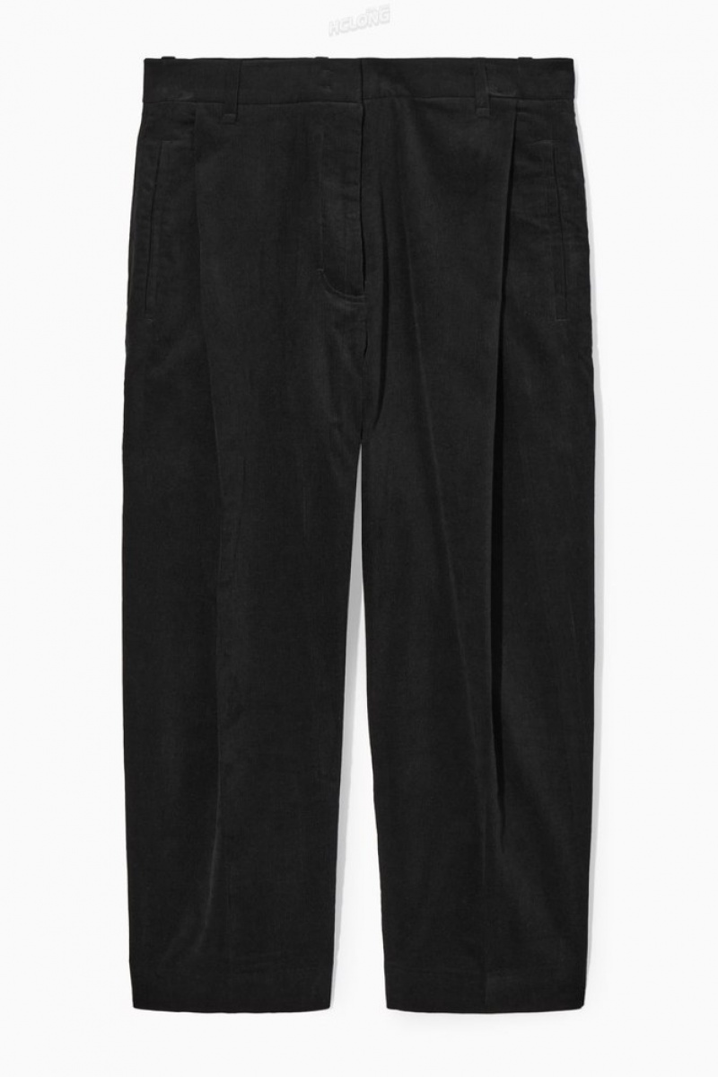 COS Pleated Barrel-Leg Corduroy Pants Women's Pants Black | EH00-Z3YL