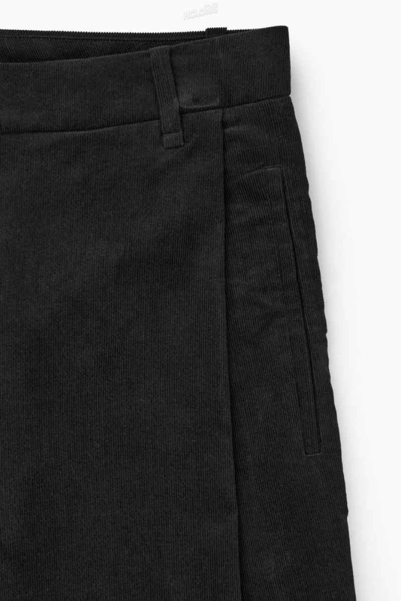 COS Pleated Barrel-Leg Corduroy Pants Women's Pants Black | EH00-Z3YL