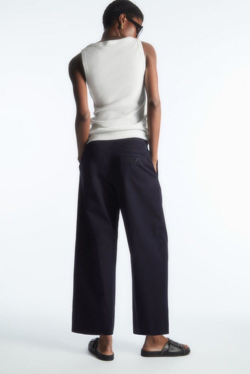 COS Pleated Barrel-Leg Twill Chinos Women's Trousers Navy | HR41-M8HS