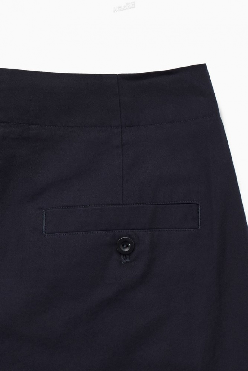 COS Pleated Barrel-Leg Twill Chinos Women's Trousers Navy | HR41-M8HS