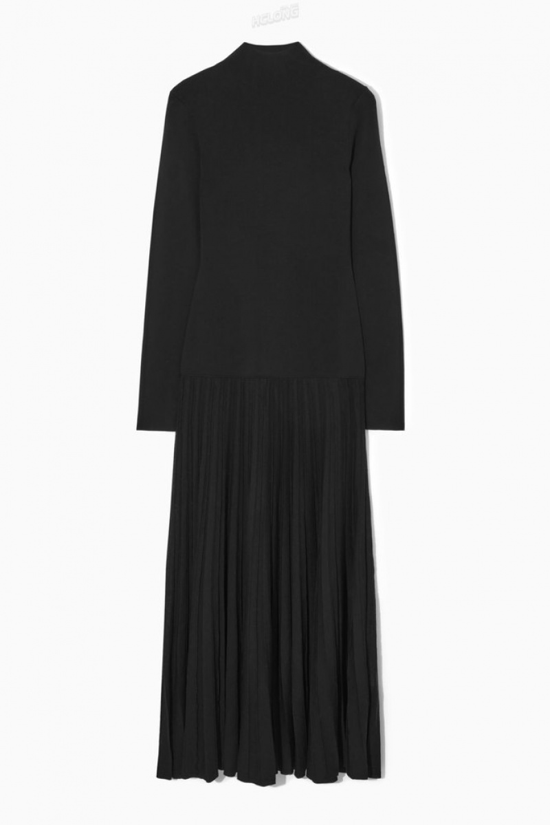 COS Pleated Knitted Turtleneck Maxi Dress Women's Dresses Black | WH34-L0QM