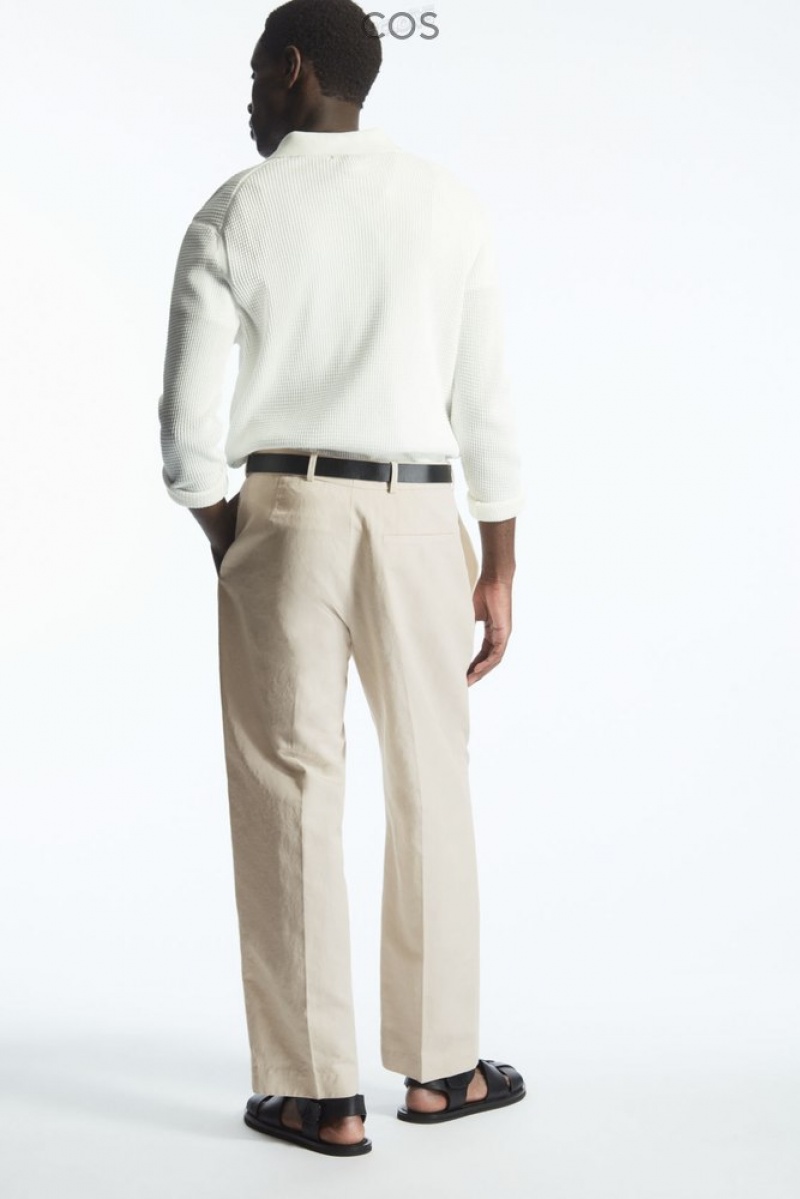 COS Pleated Straight-Leg Linen-Blend Trousers Men's Pants Light Beige | MW44-Y4RO