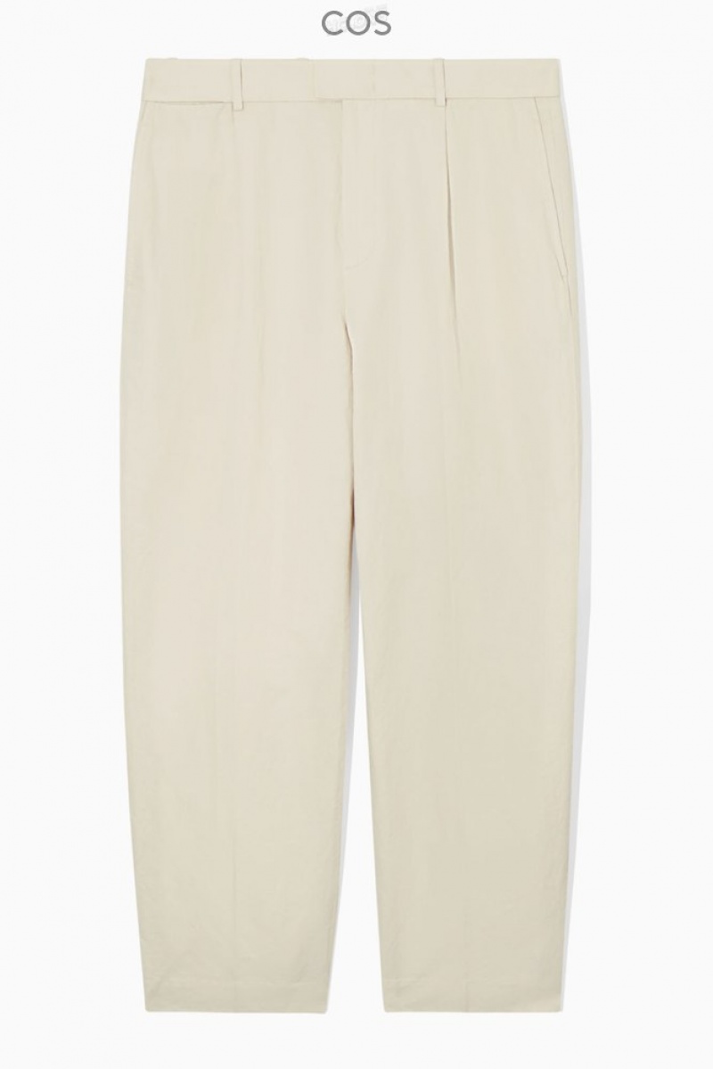 COS Pleated Straight-Leg Linen-Blend Trousers Men's Pants Light Beige | MW44-Y4RO