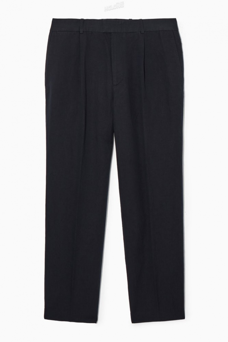 COS Pleated Straight-Leg Linen-Blend Trousers Men's Trousers Navy | AM88-M1HI