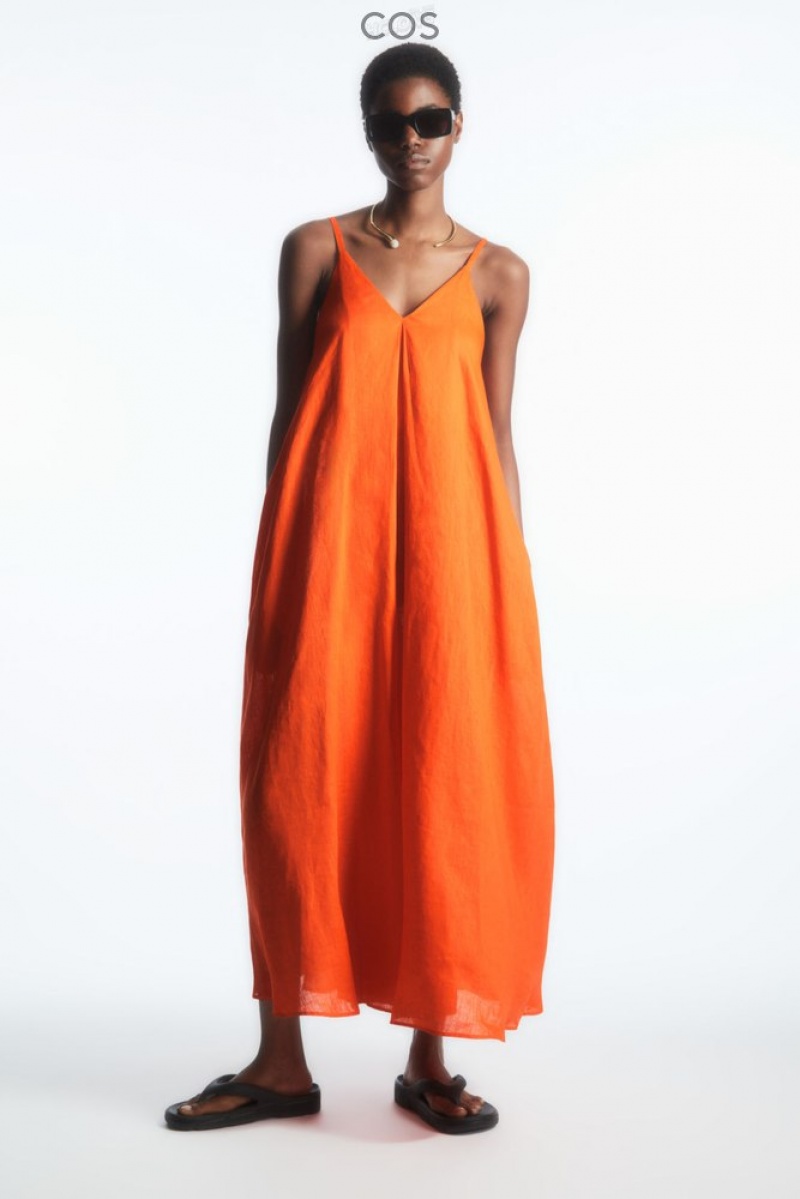 COS Pleated V-Neck Linen Midi Dress Women's Dresses Bright Orange | TC77-O0II