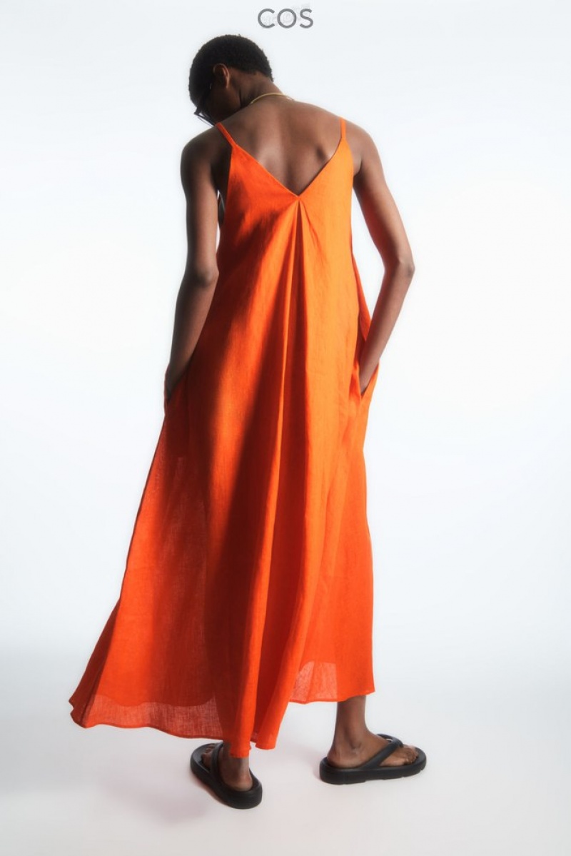 COS Pleated V-Neck Linen Midi Dress Women's Dresses Bright Orange | TC77-O0II