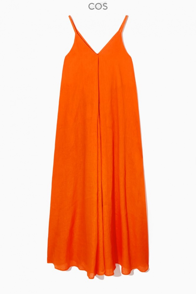 COS Pleated V-Neck Linen Midi Dress Women's Dresses Bright Orange | TC77-O0II