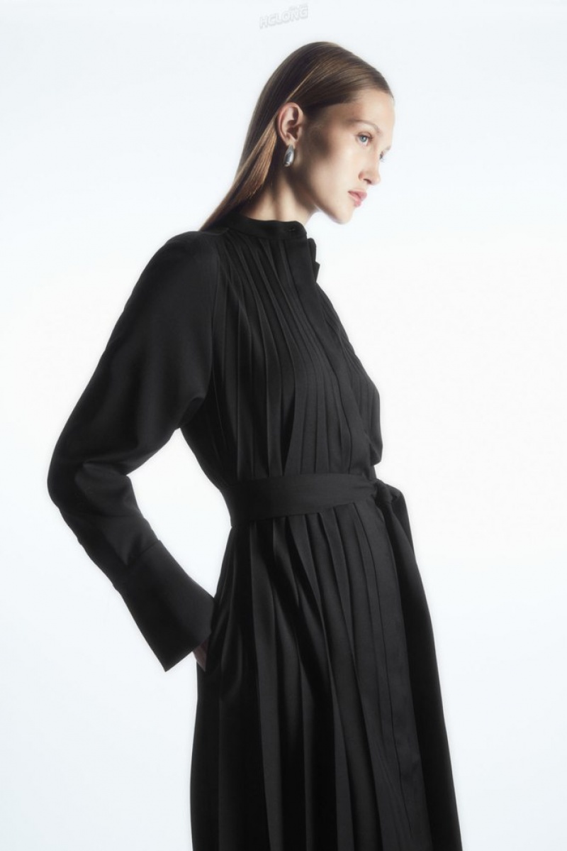 COS Pleated Wool-Blend Shirt Dress Women's Dresses Black | UM22-H0RW