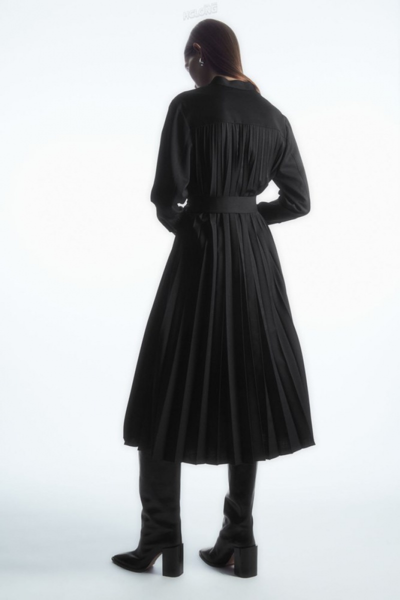 COS Pleated Wool-Blend Shirt Dress Women's Dresses Black | UM22-H0RW