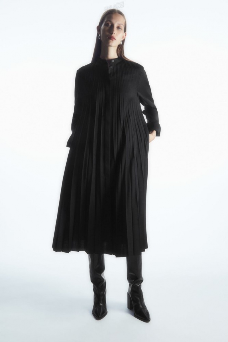 COS Pleated Wool-Blend Shirt Dress Women's Dresses Black | UM22-H0RW