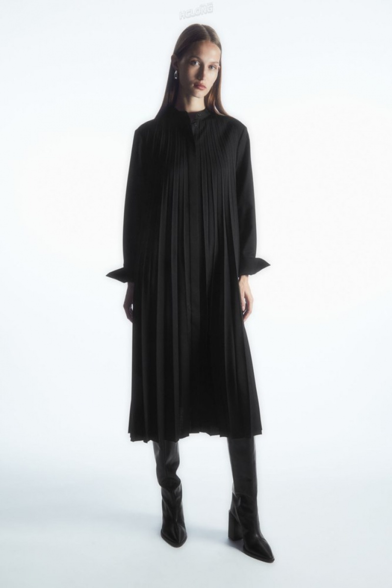 COS Pleated Wool-Blend Shirt Dress Women's Dresses Black | UM22-H0RW