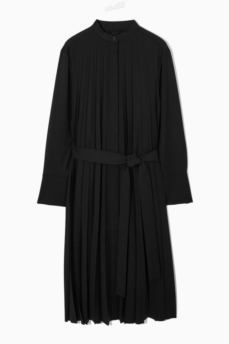 COS Pleated Wool-Blend Shirt Dress Women's Dresses Black | UM22-H0RW