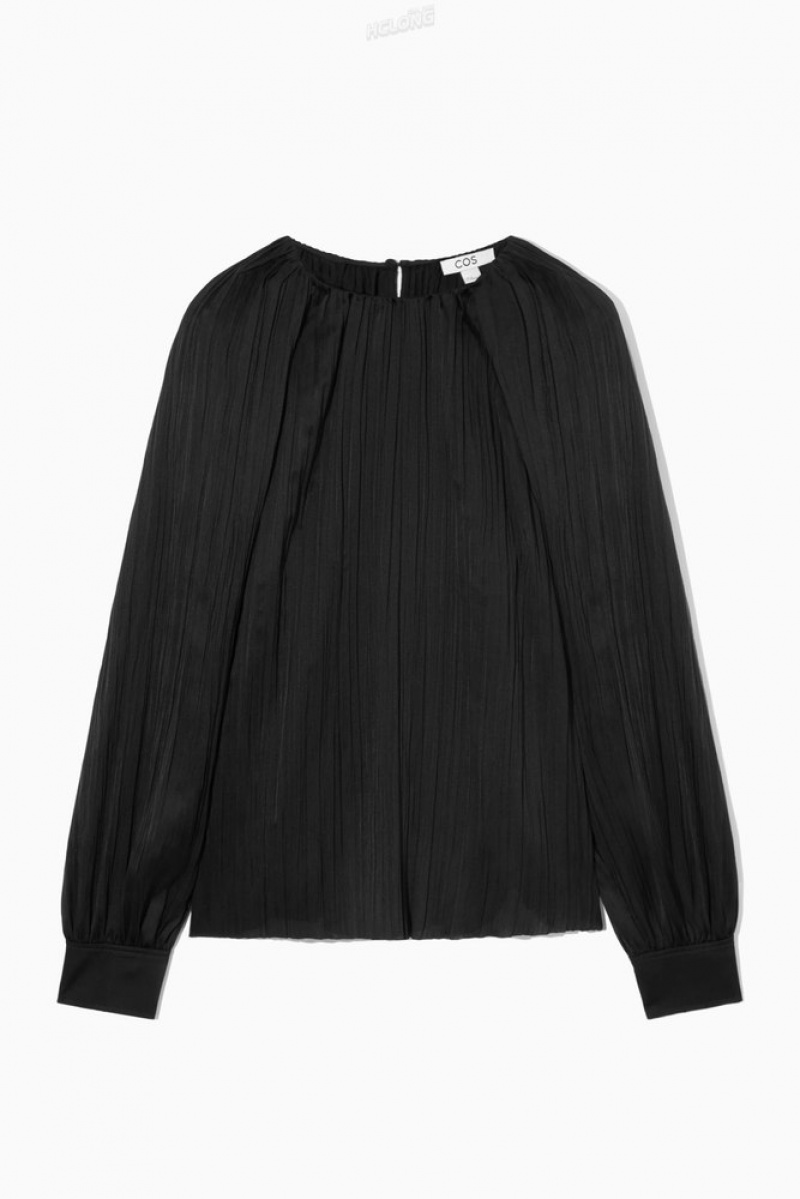 COS Plissé Long-Sleeved Blouse Women's Tops Black | SX23-U5ZT